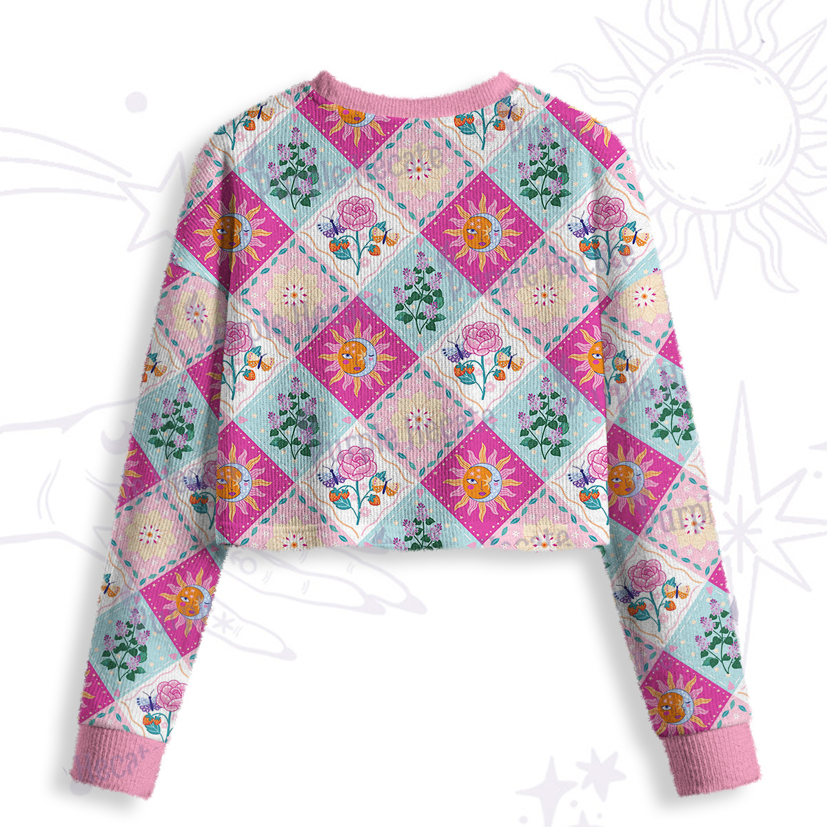 Purplehecate Celestial Sun & Moon Patchwork Crop Fuzzy Ugly Sweatshirt