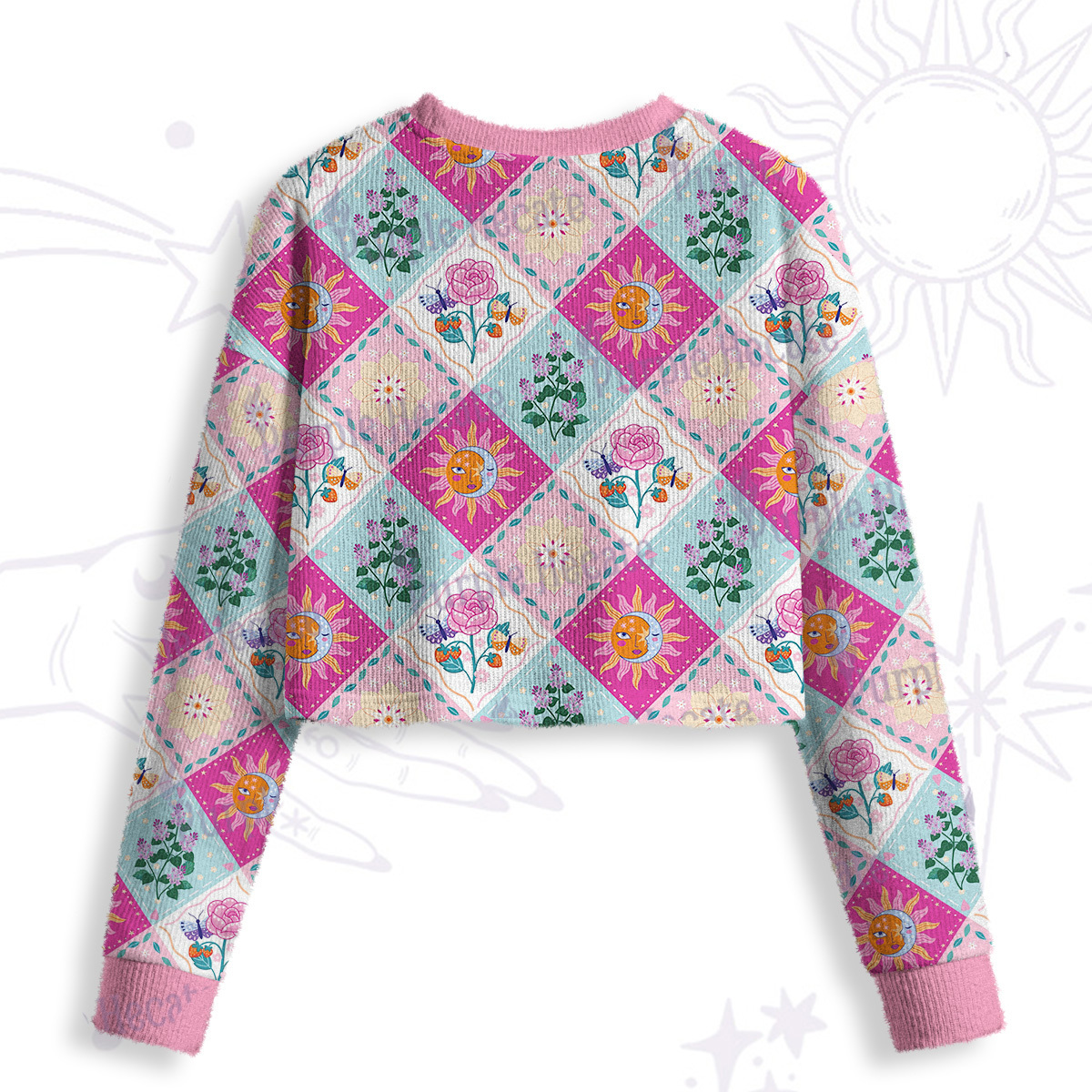 Purplehecate Celestial Sun & Moon Patchwork Crop Fuzzy Ugly Sweatshirt