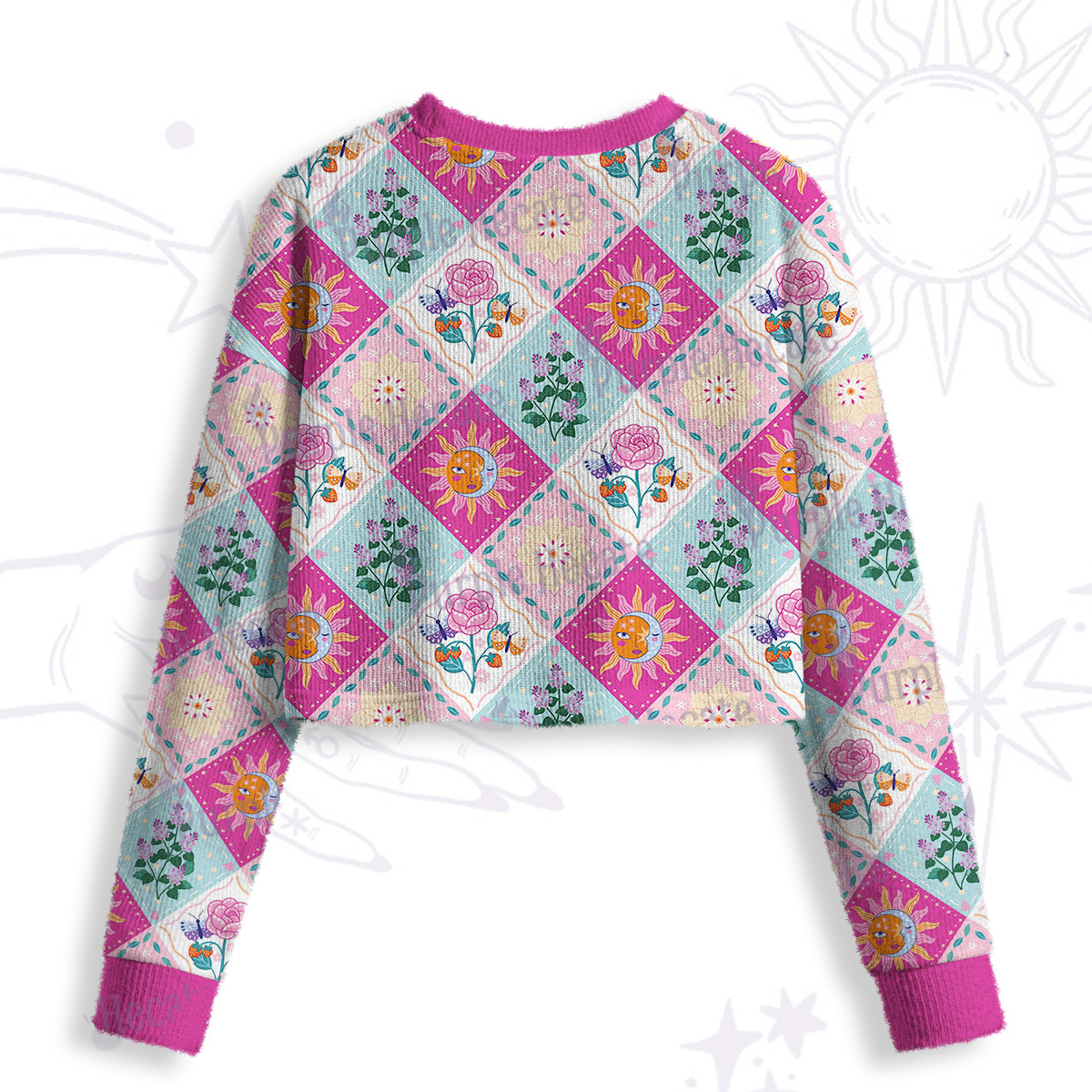 Purplehecate Celestial Sun & Moon Patchwork Crop Fuzzy Ugly Sweatshirt