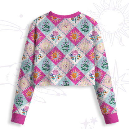 Purplehecate Celestial Sun & Moon Patchwork Crop Fuzzy Ugly Sweatshirt