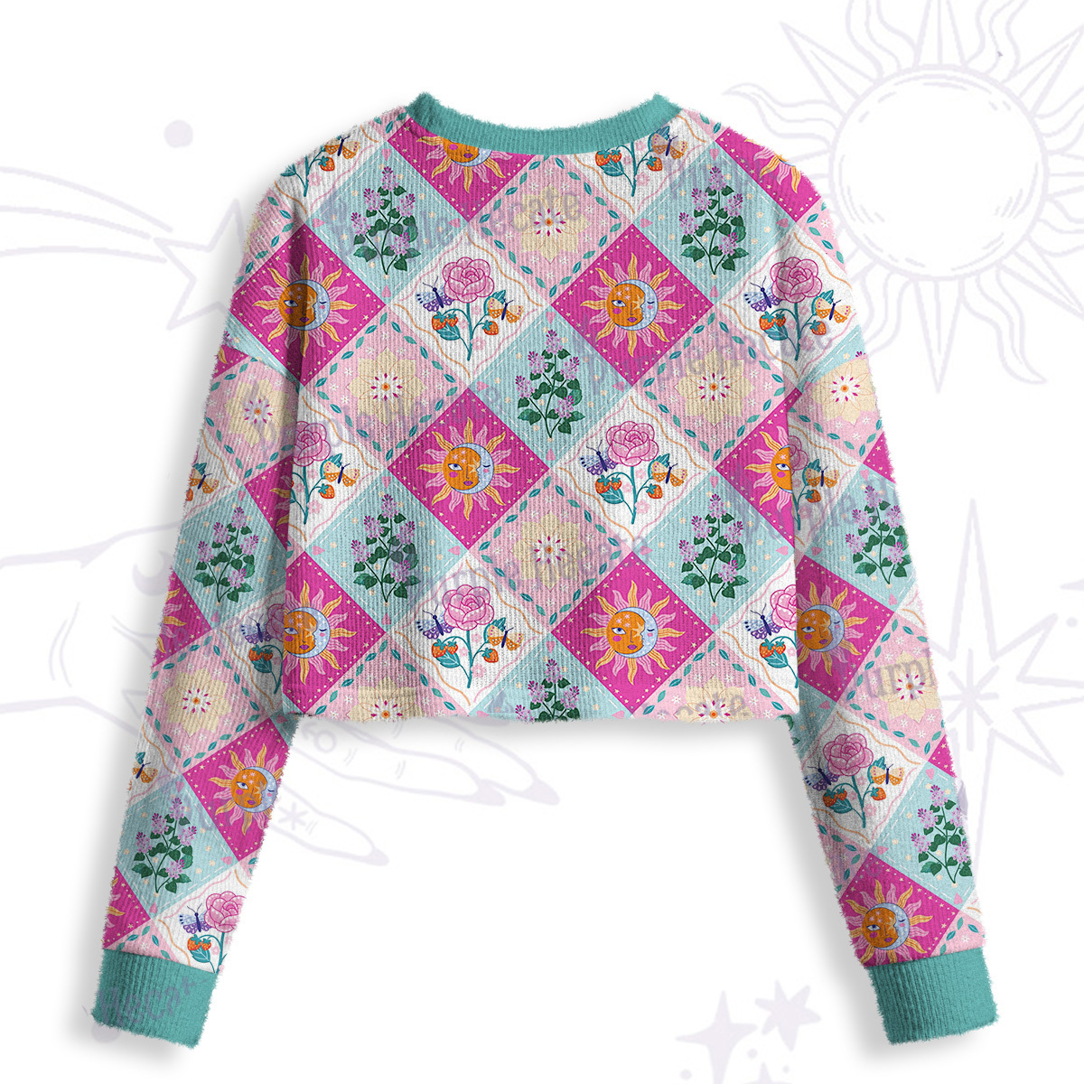 Purplehecate Celestial Sun & Moon Patchwork Crop Fuzzy Ugly Sweatshirt