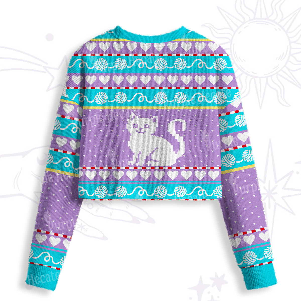 Purplehecate Whimsical Cat and Yarn Crop Fuzzy Ugly Sweatshirt