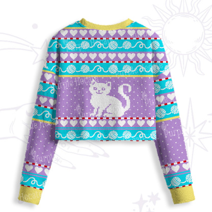 Purplehecate Whimsical Cat and Yarn Crop Fuzzy Ugly Sweatshirt