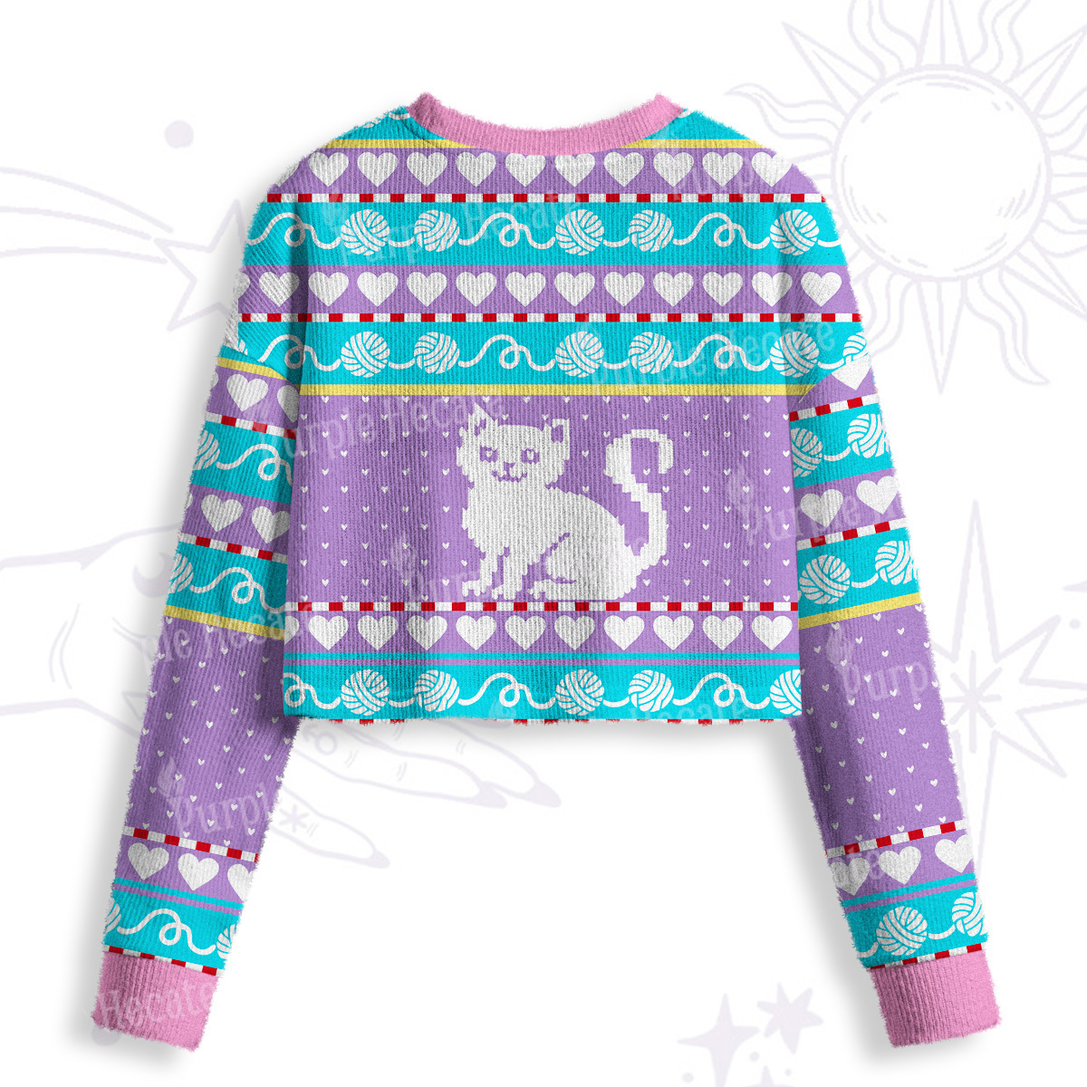 Purplehecate Whimsical Cat and Yarn Crop Fuzzy Ugly Sweatshirt