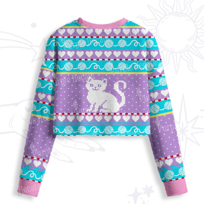 Purplehecate Whimsical Cat and Yarn Crop Fuzzy Ugly Sweatshirt