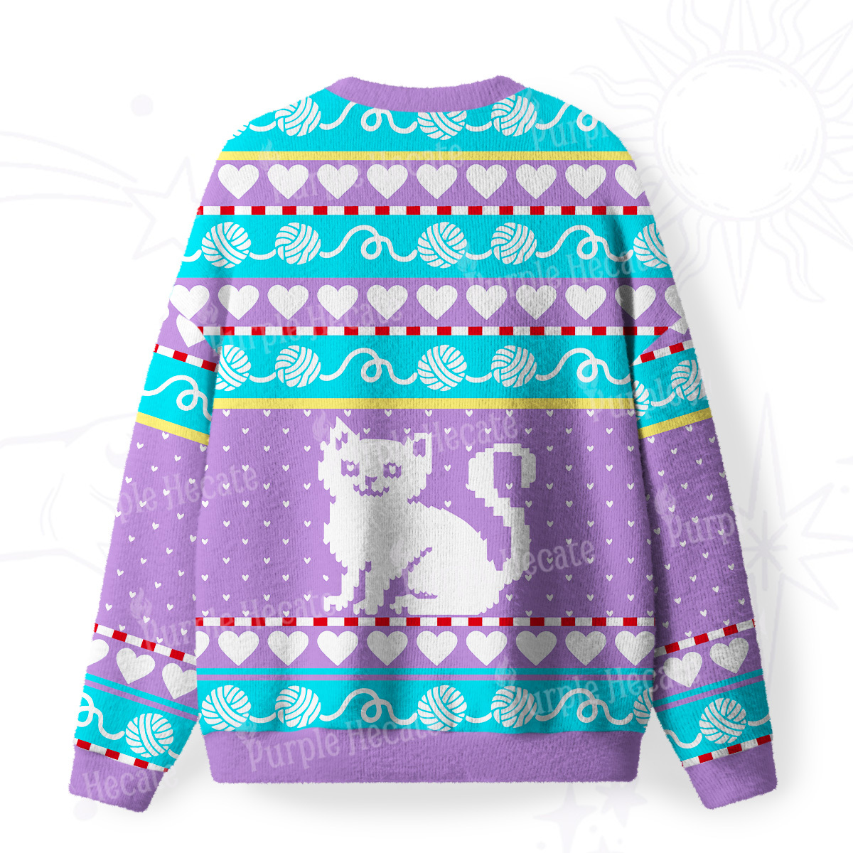 Purplehecate Whimsical Cat and Yarn Fuzzy Ugly Sweatshirt