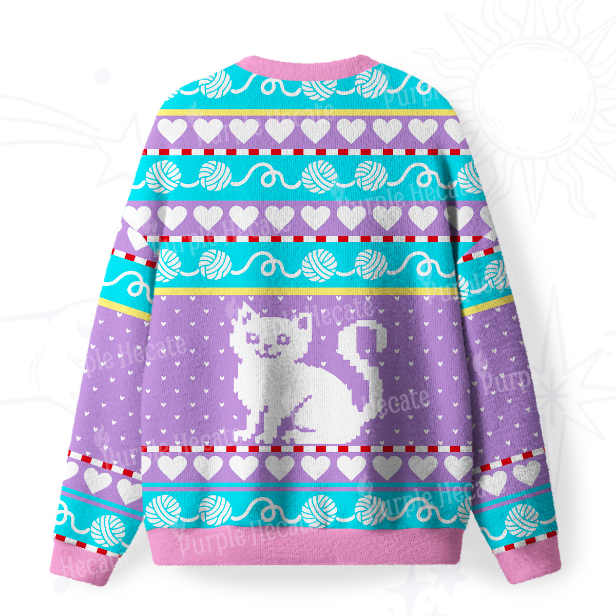 Purplehecate Whimsical Cat and Yarn Fuzzy Ugly Sweatshirt