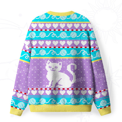Purplehecate Whimsical Cat and Yarn Fuzzy Ugly Sweatshirt