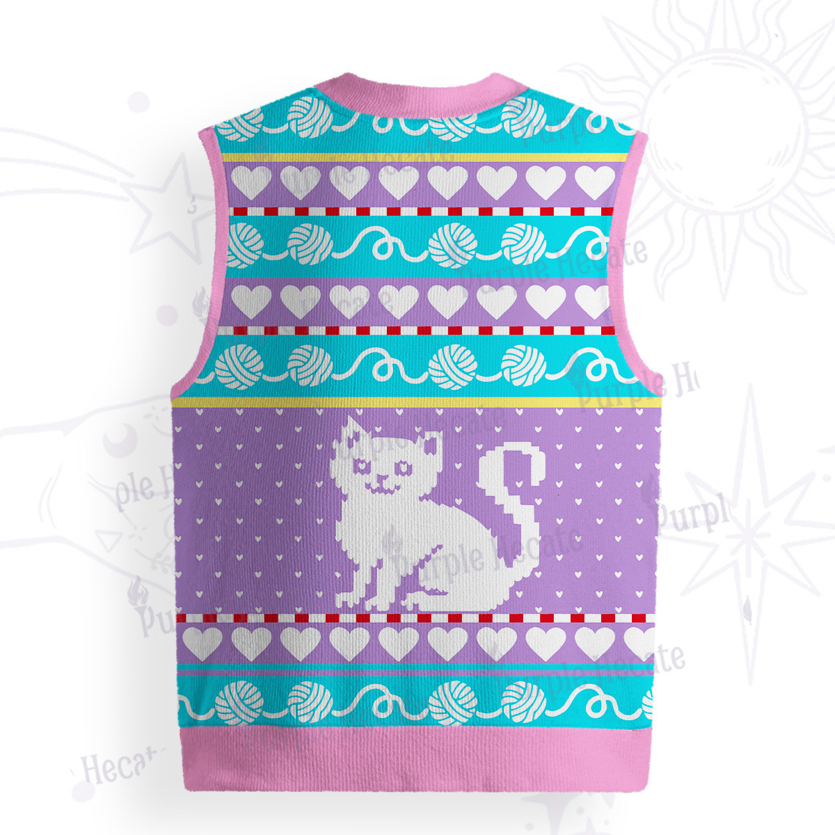 Purplehecate Whimsical Cat and Yarn Ugly Sweater Vest