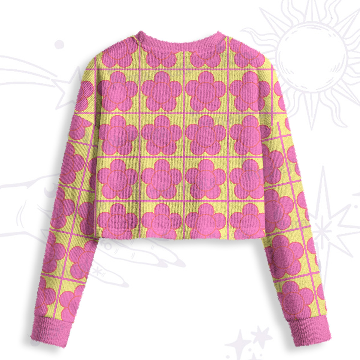 Purplehecate Bubble Flower Checkered Crop Fuzzy Ugly Sweatshirt