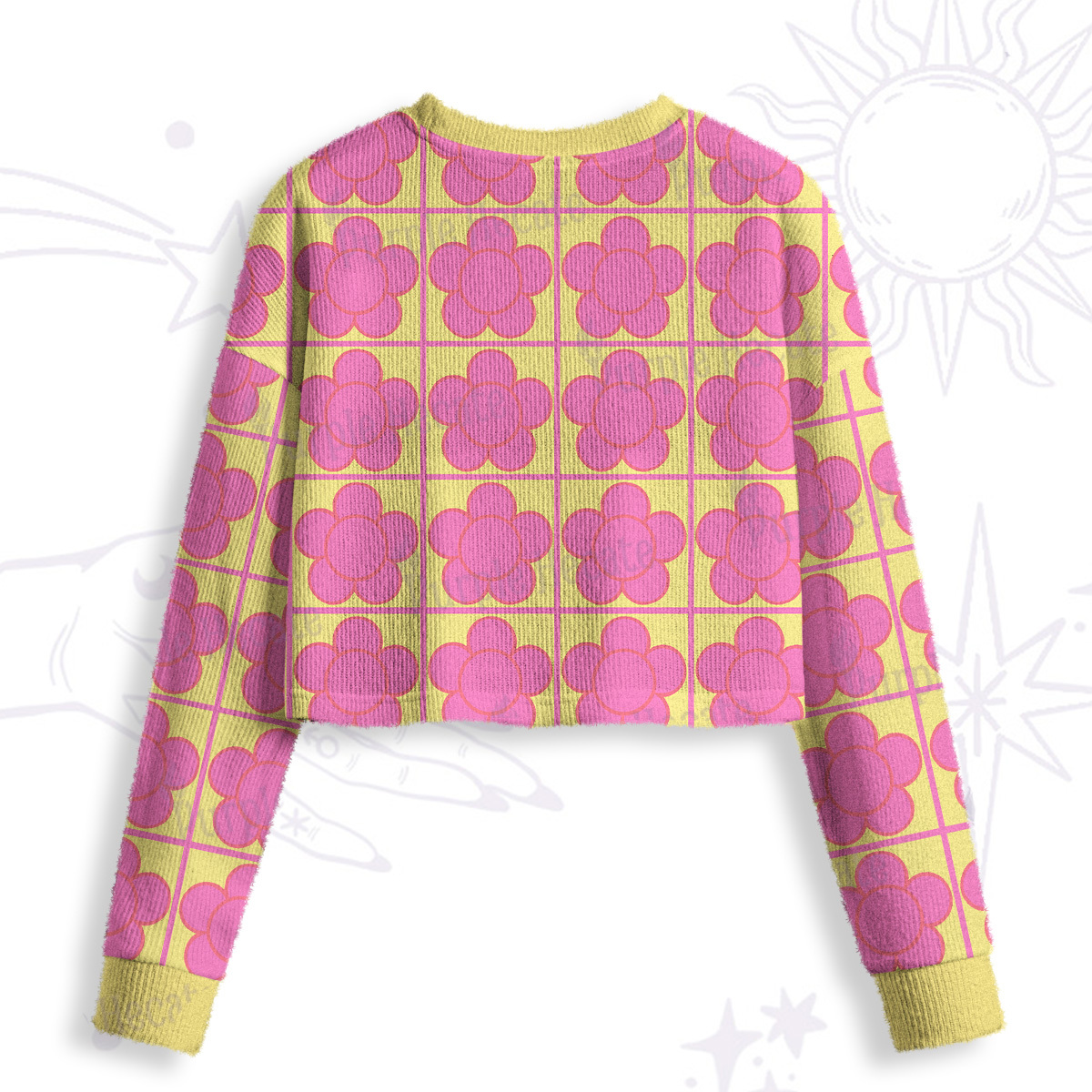 Purplehecate Bubble Flower Checkered Crop Fuzzy Ugly Sweatshirt