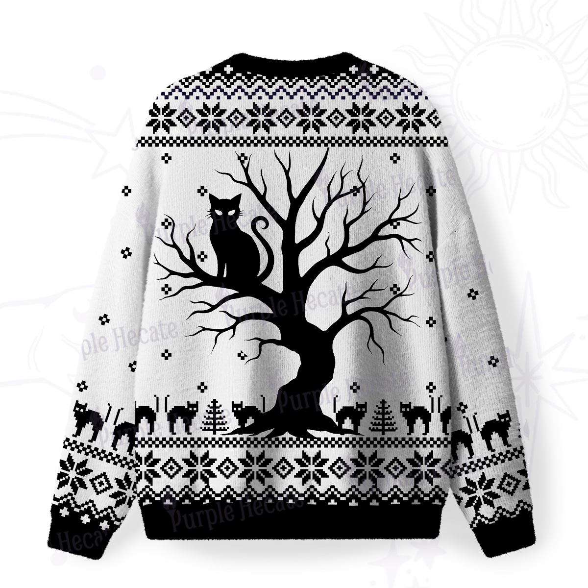 Purplehecate Moonlit Tree Guardian Black Cat Fuzzy Ugly Sweatshirt
