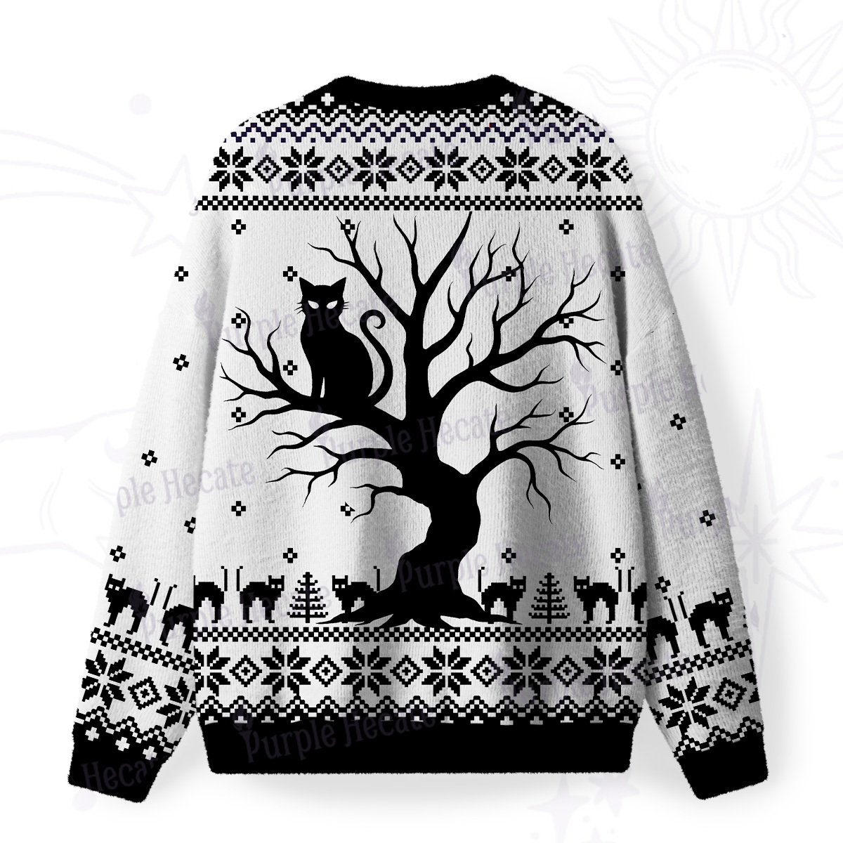 Purplehecate Moonlit Tree Guardian Black Cat Fuzzy Ugly Sweatshirt