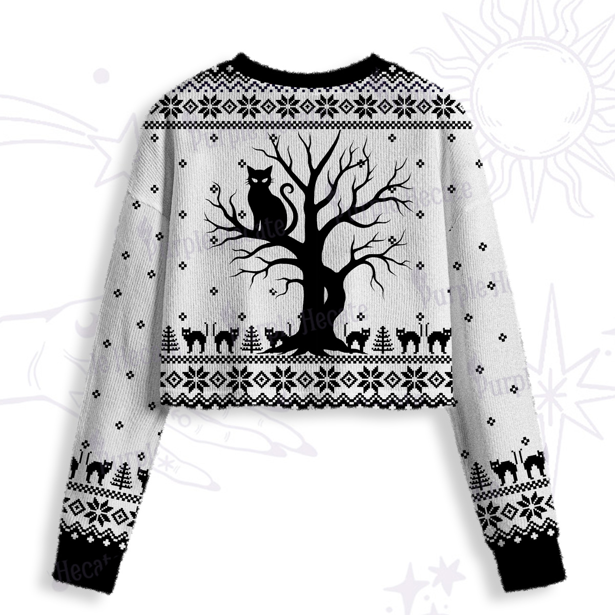 Purplehecate Moonlit Tree Guardian Black Cat Crop Fuzzy Ugly Sweatshirt