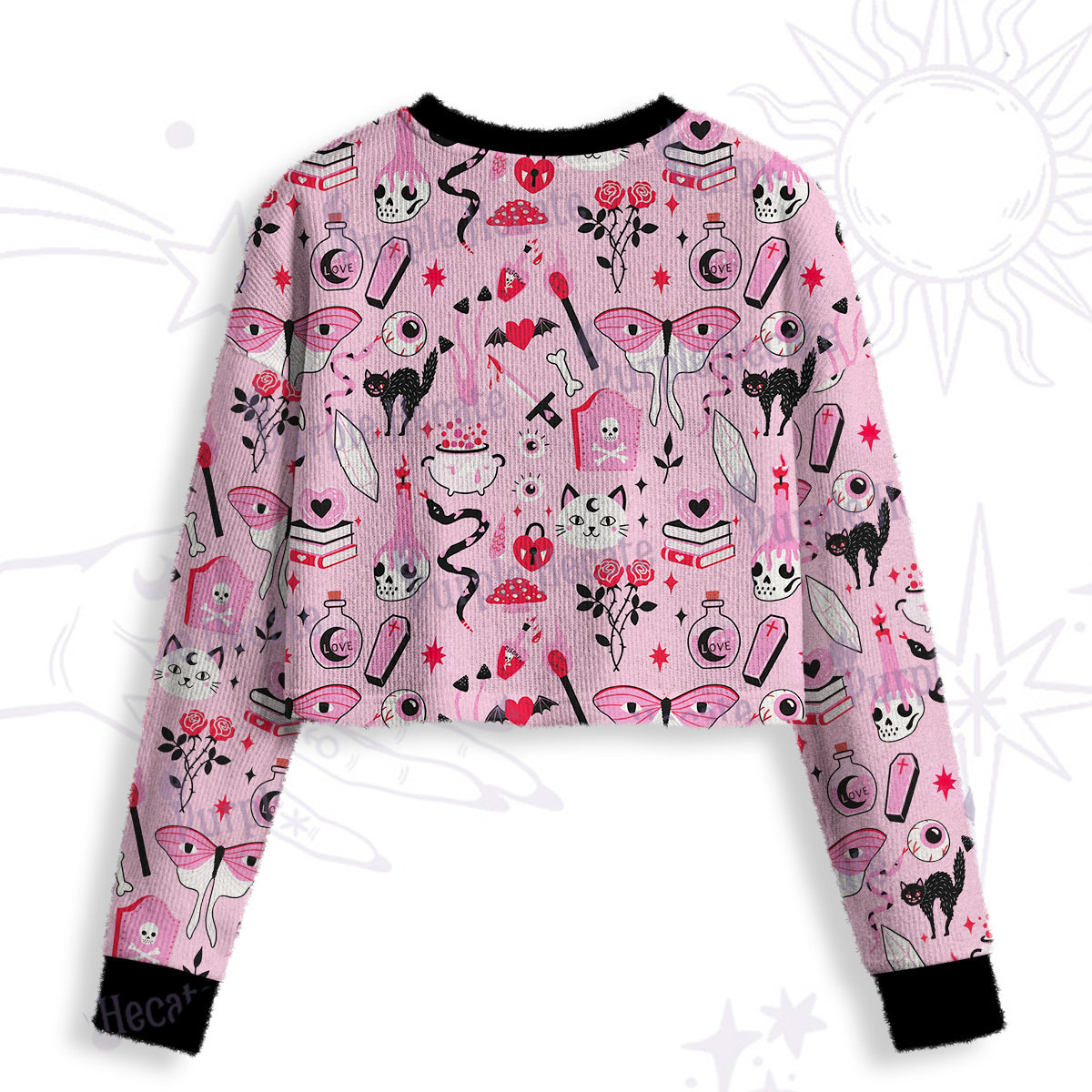 Purplehecate Black Cat Witchy Pink Crop Fuzzy Ugly Sweatshirt