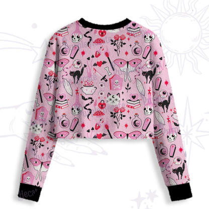 Purplehecate Black Cat Witchy Pink Crop Fuzzy Ugly Sweatshirt