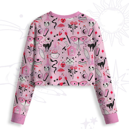 Purplehecate Black Cat Witchy Pink Crop Fuzzy Ugly Sweatshirt