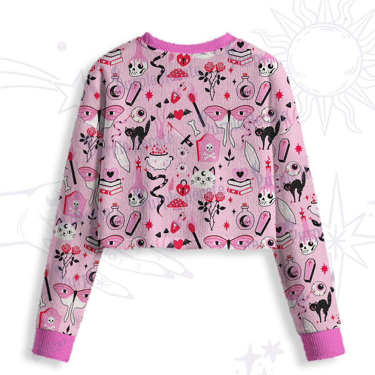 Purplehecate Black Cat Witchy Pink Crop Fuzzy Ugly Sweatshirt