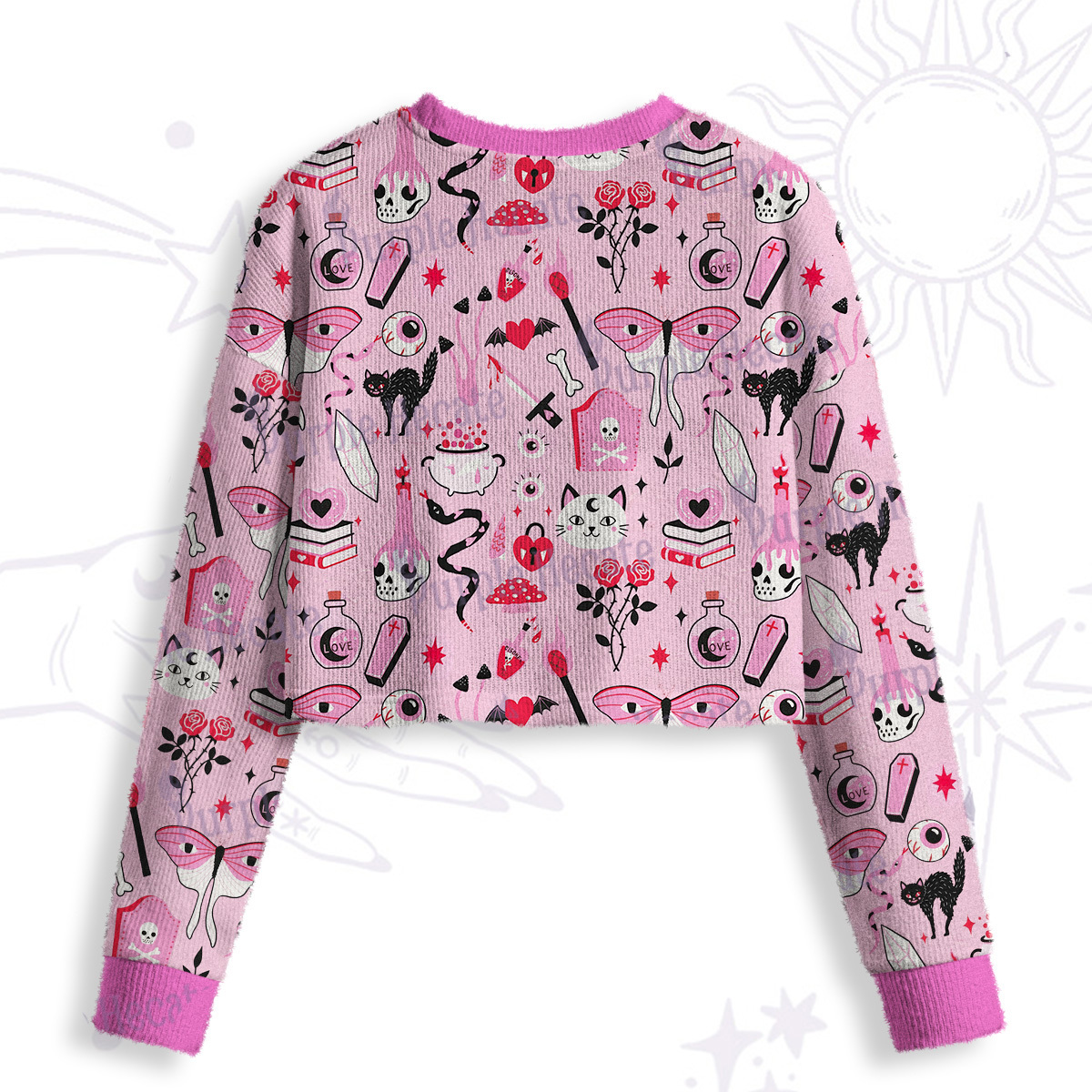 Purplehecate Black Cat Witchy Pink Crop Fuzzy Ugly Sweatshirt