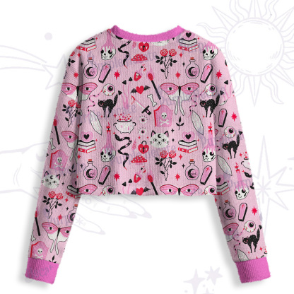 Purplehecate Black Cat Witchy Pink Crop Fuzzy Ugly Sweatshirt