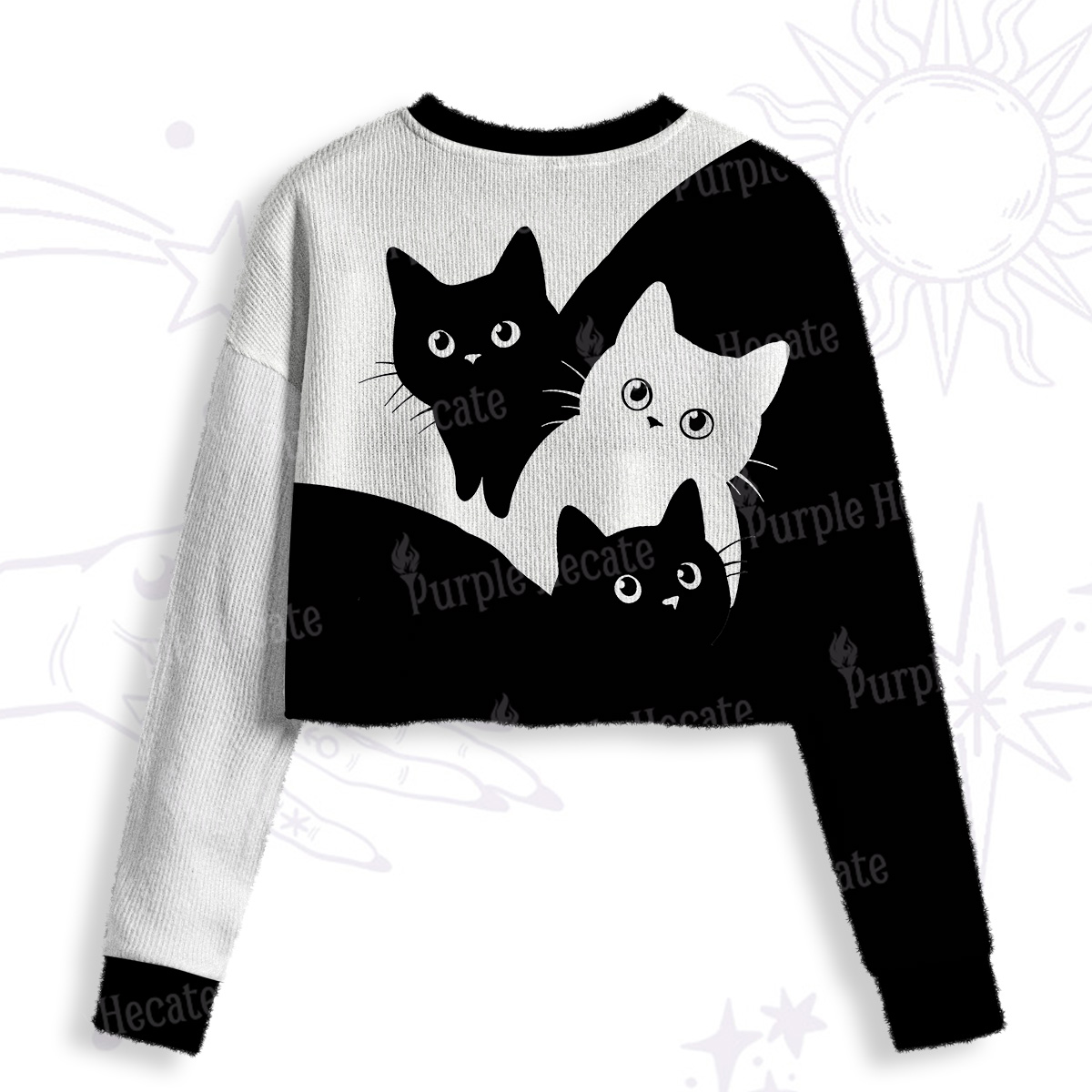Purplehecate Curious Cats Crop Fuzzy Ugly Sweatshirt