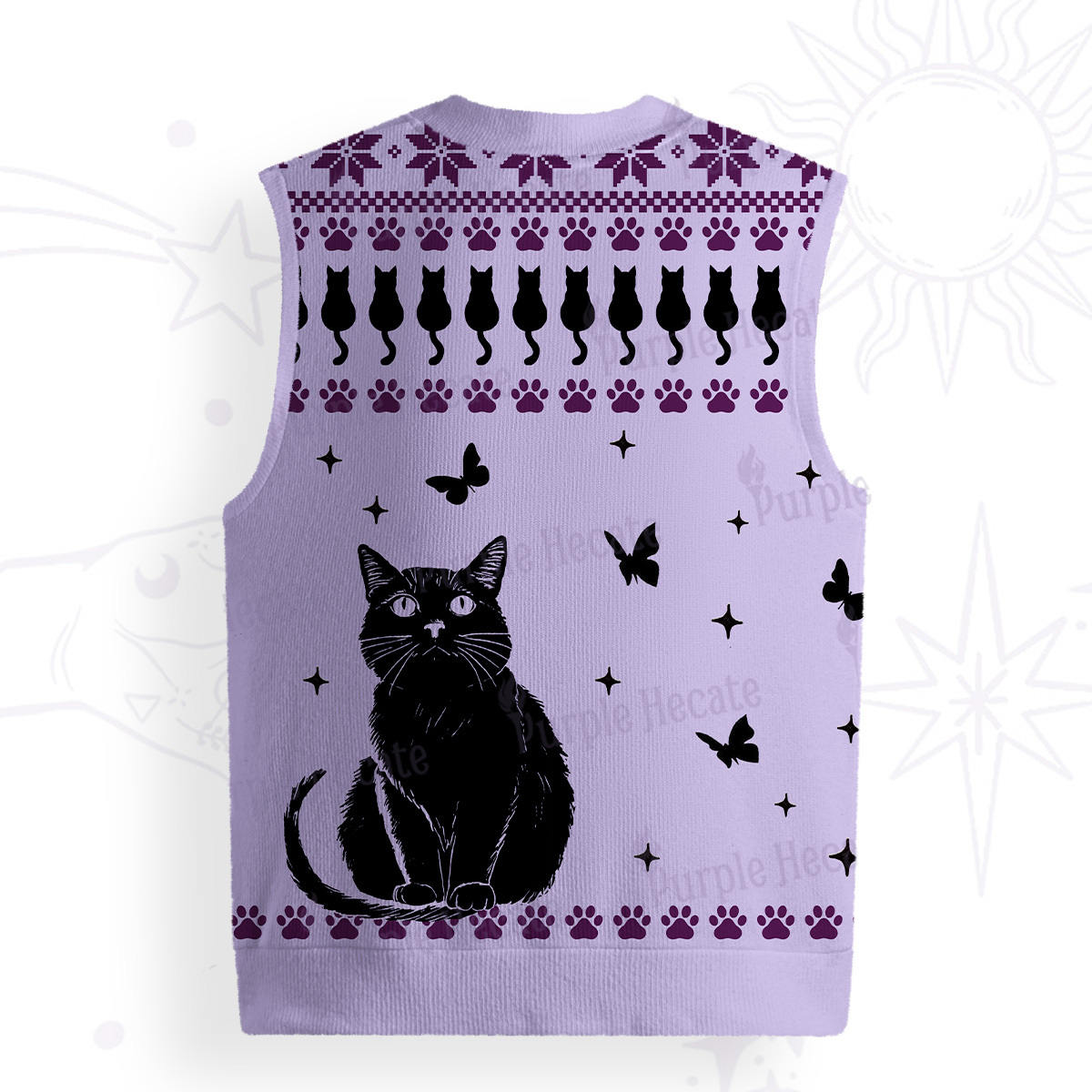 Purplehecate Midnight Pawprints Black Cat Ugly Sweater Vest