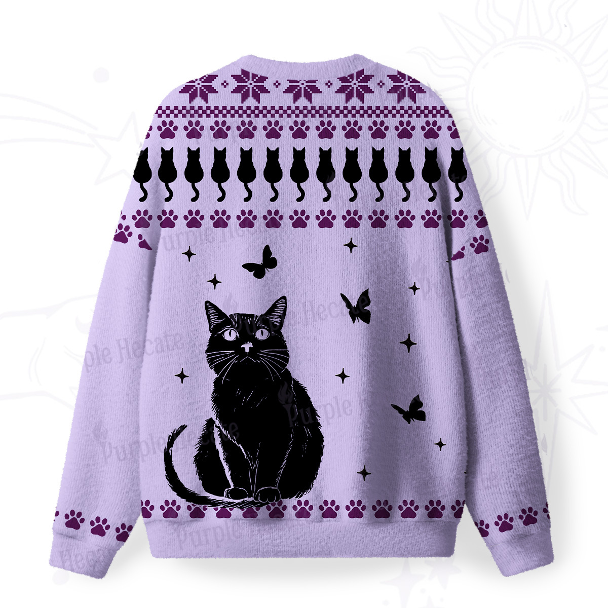Purplehecate Midnight Pawprints Black Cat Fuzzy Ugly Sweatshirt