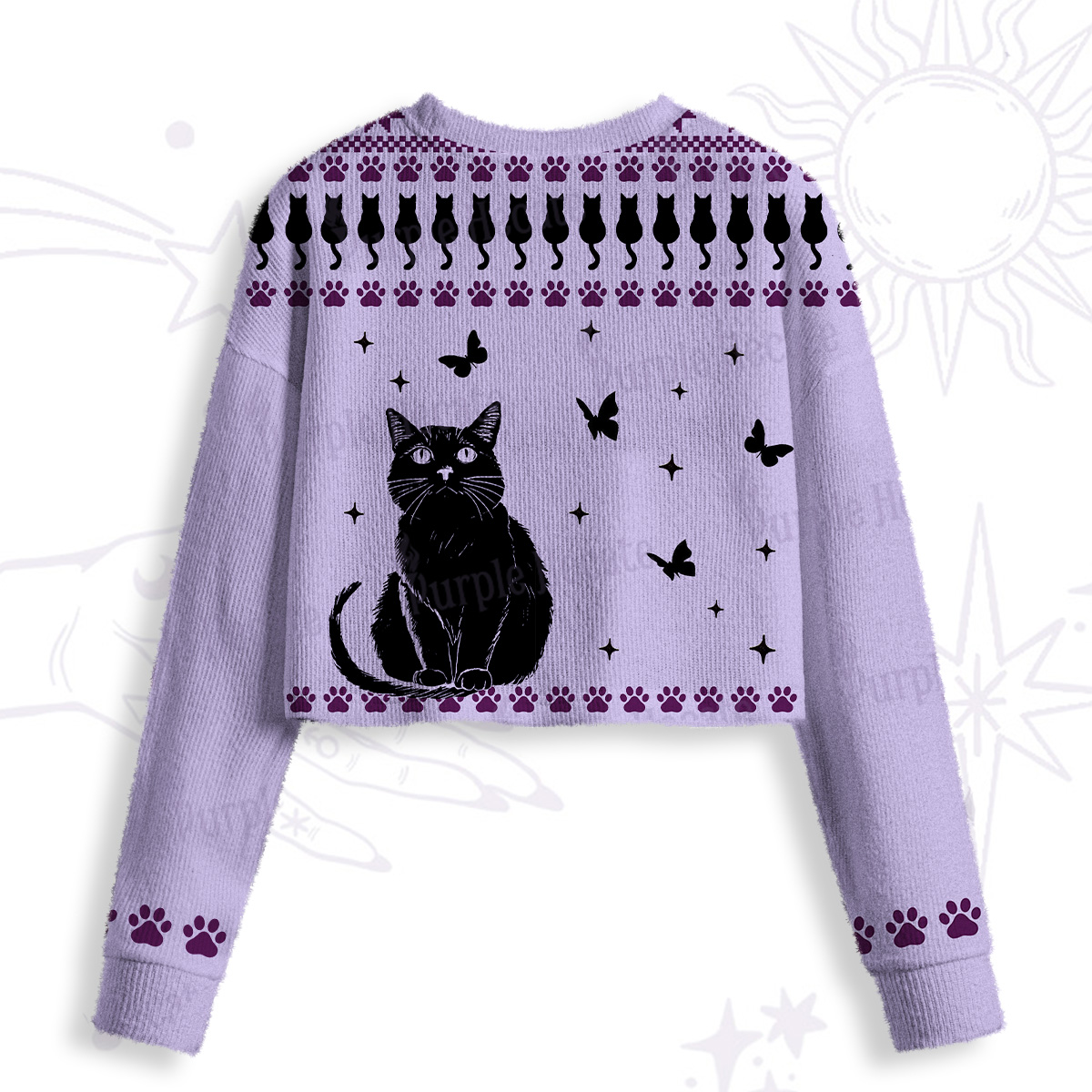Purplehecate Midnight Pawprints Black Cat Crop Fuzzy Ugly Sweatshirt