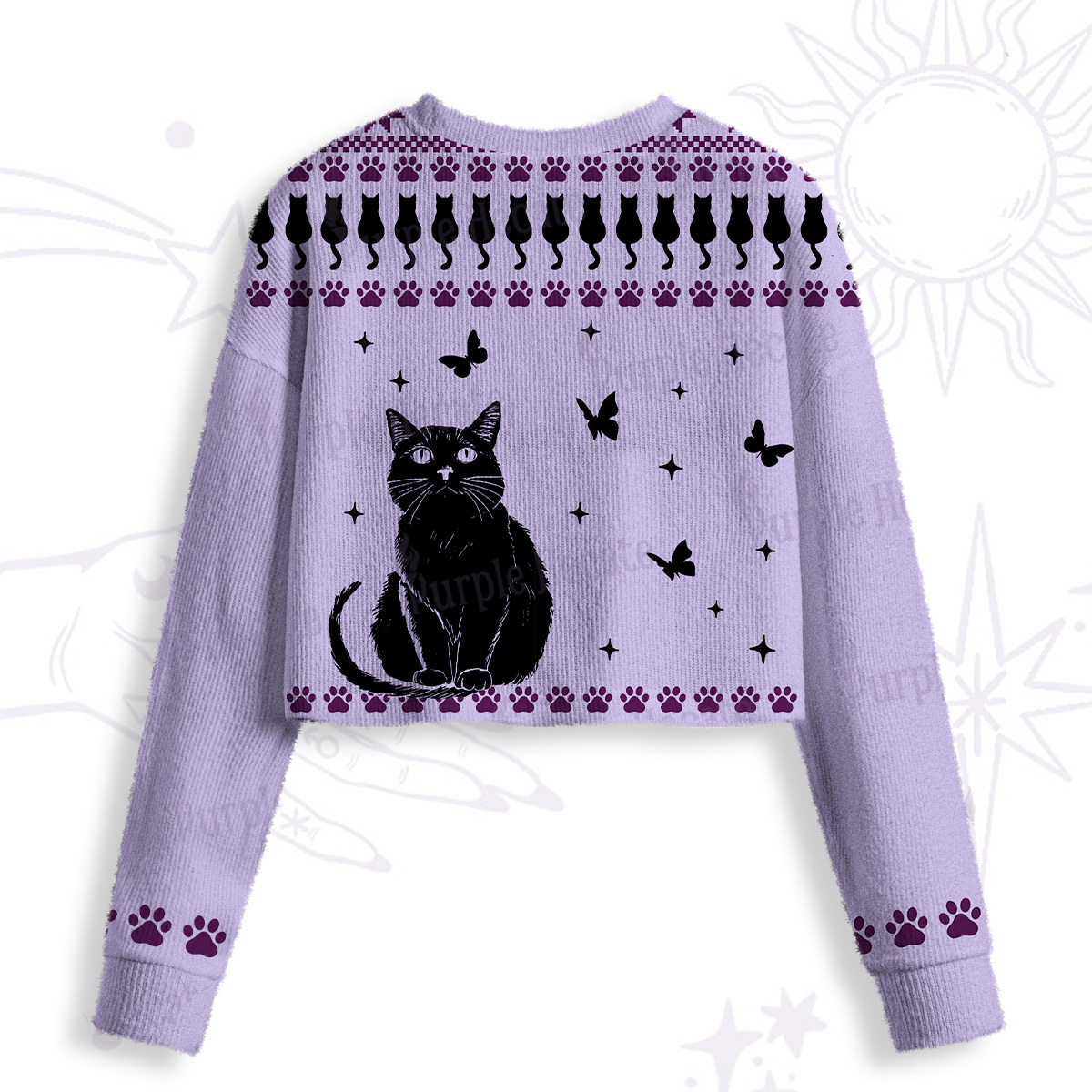 Purplehecate Midnight Pawprints Black Cat Crop Fuzzy Ugly Sweatshirt