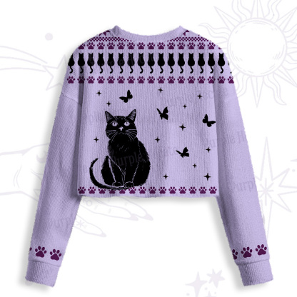 Purplehecate Midnight Pawprints Black Cat Crop Fuzzy Ugly Sweatshirt