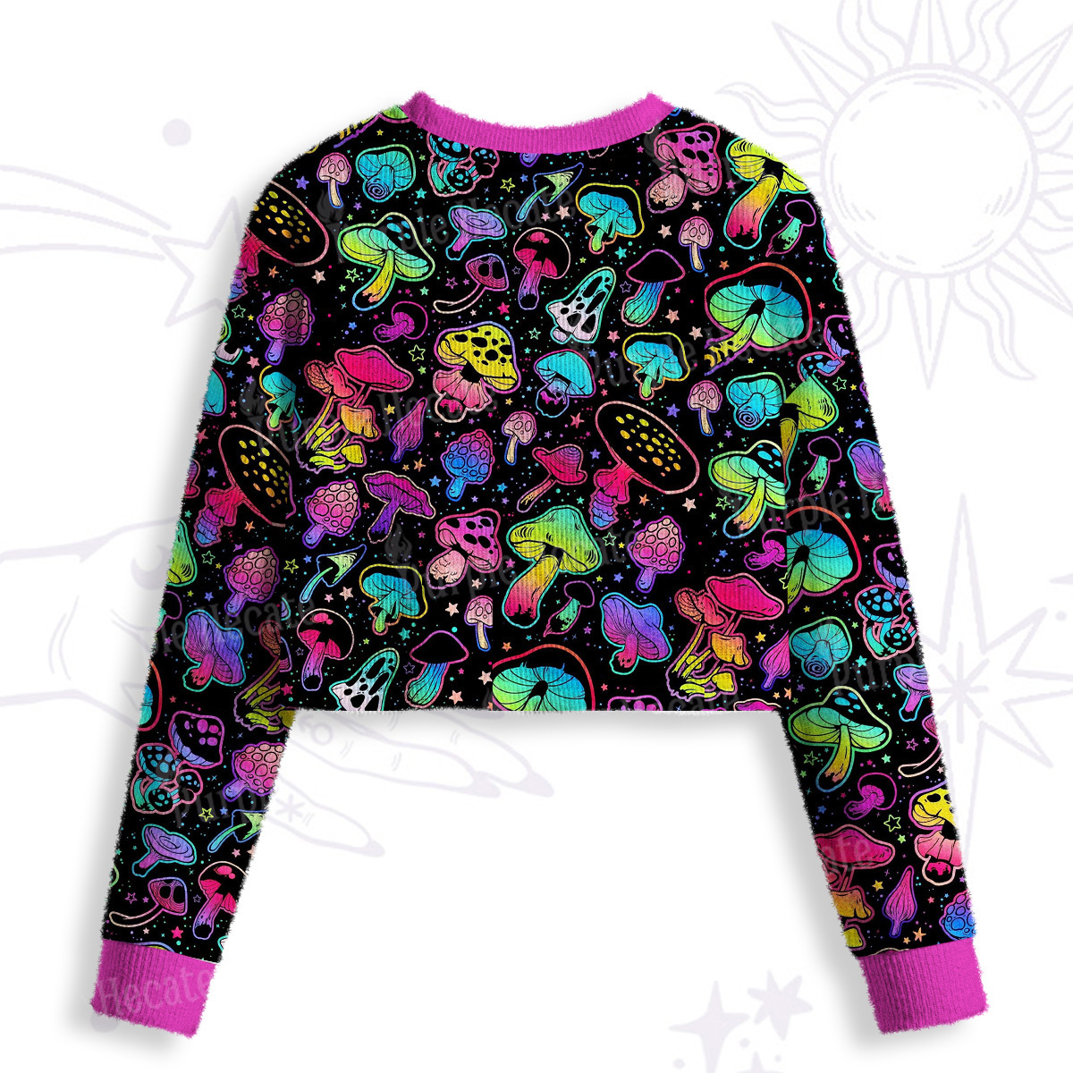 Purplehecate Psychedelic Mushroom Rave Crop Fuzzy Ugly Sweatshirt