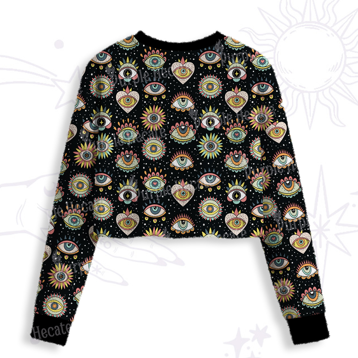 Purplehecate Mystical Evil Eye Pattern Crop Fuzzy Ugly Sweatshirt