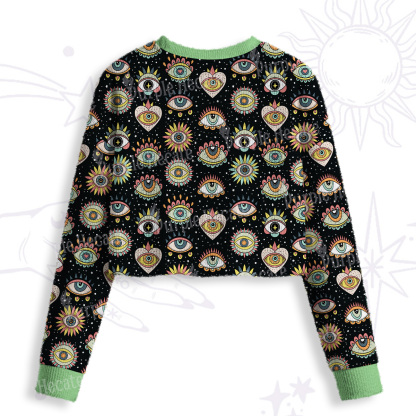 Purplehecate Mystical Evil Eye Pattern Crop Fuzzy Ugly Sweatshirt
