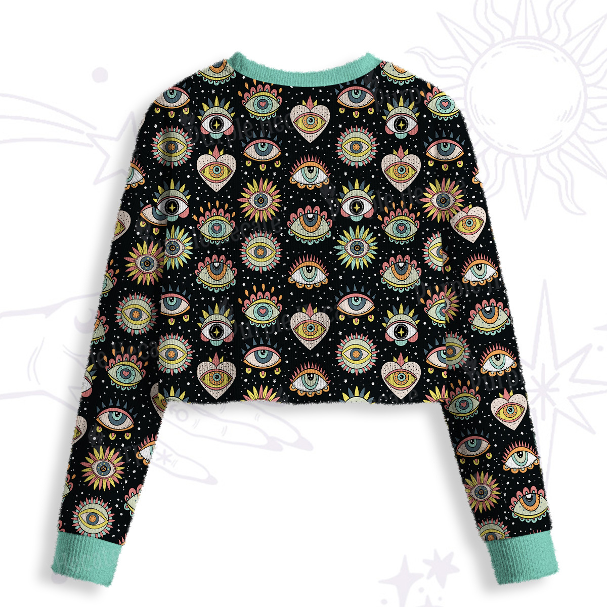 Purplehecate Mystical Evil Eye Pattern Crop Fuzzy Ugly Sweatshirt