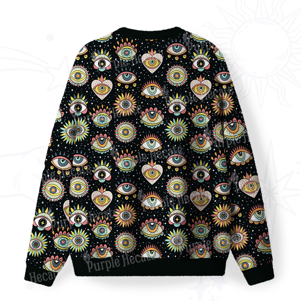 Purplehecate Mystical Evil Eye Pattern Fuzzy Ugly Sweatshirt