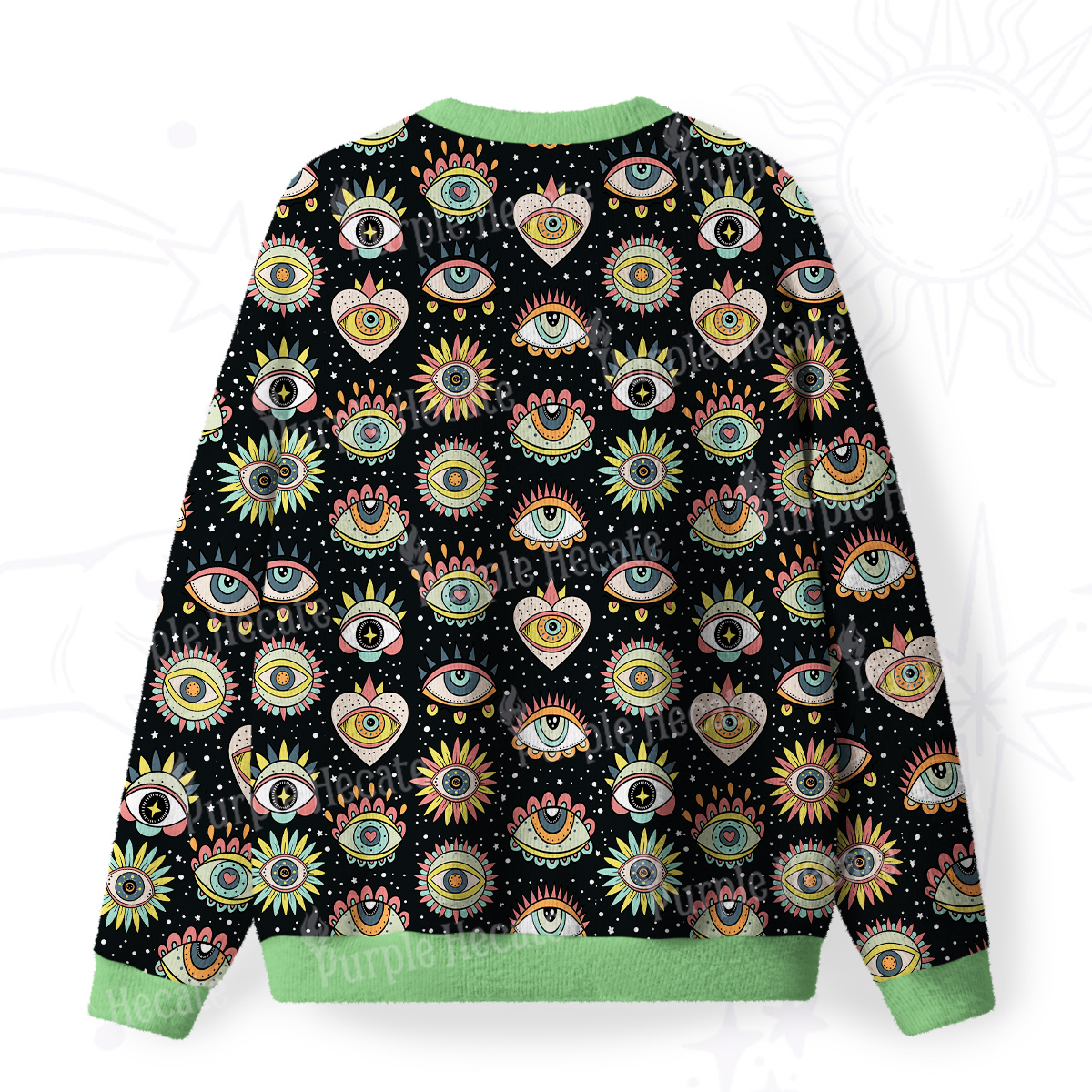 Purplehecate Mystical Evil Eye Pattern Fuzzy Ugly Sweatshirt