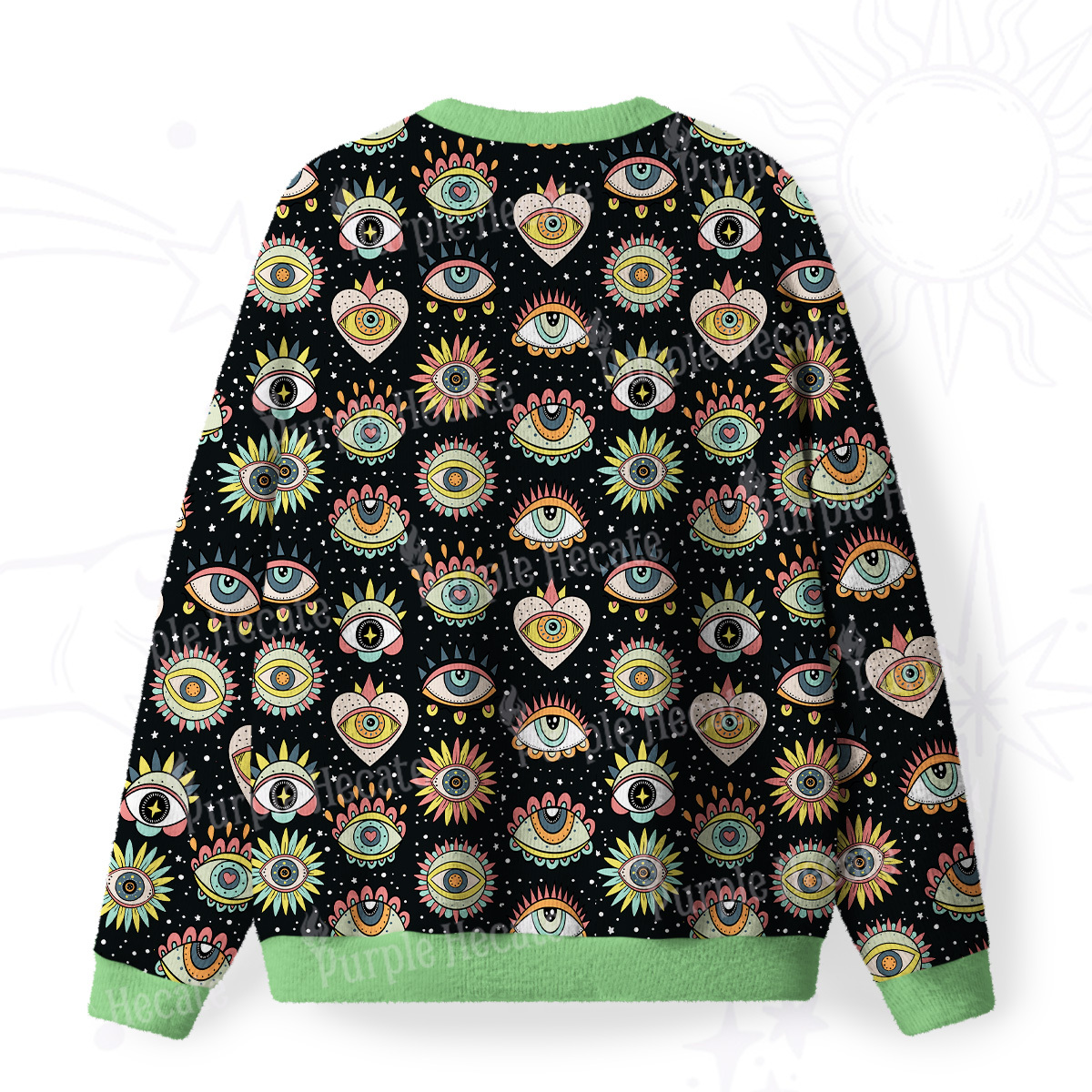 Purplehecate Mystical Evil Eye Pattern Fuzzy Ugly Sweatshirt