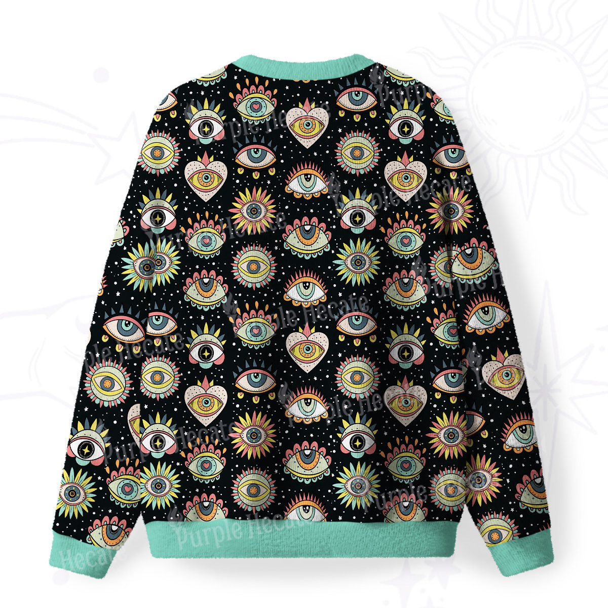 Purplehecate Mystical Evil Eye Pattern Fuzzy Ugly Sweatshirt