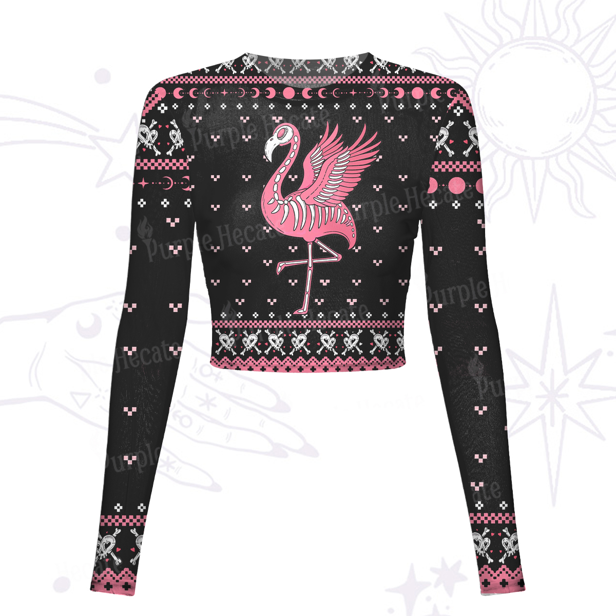 Purplehecate Witchy Pink Flamingo Skull Mesh Long Sleeve Crop Top