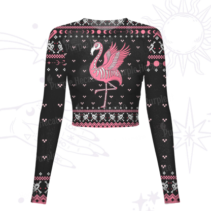 Purplehecate Witchy Pink Flamingo Skull Mesh Long Sleeve Crop Top