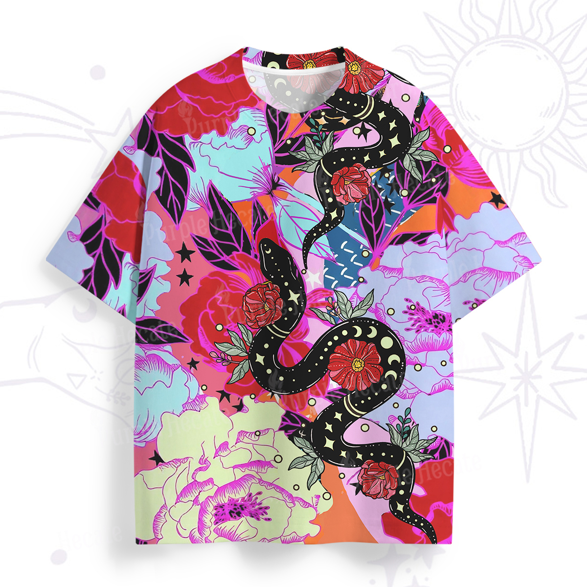 Purplehecate Enchanted Black Serpent & Floral Pattern All Over Print T-Shirt