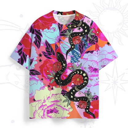 Purplehecate Enchanted Black Serpent & Floral Pattern All Over Print T-Shirt