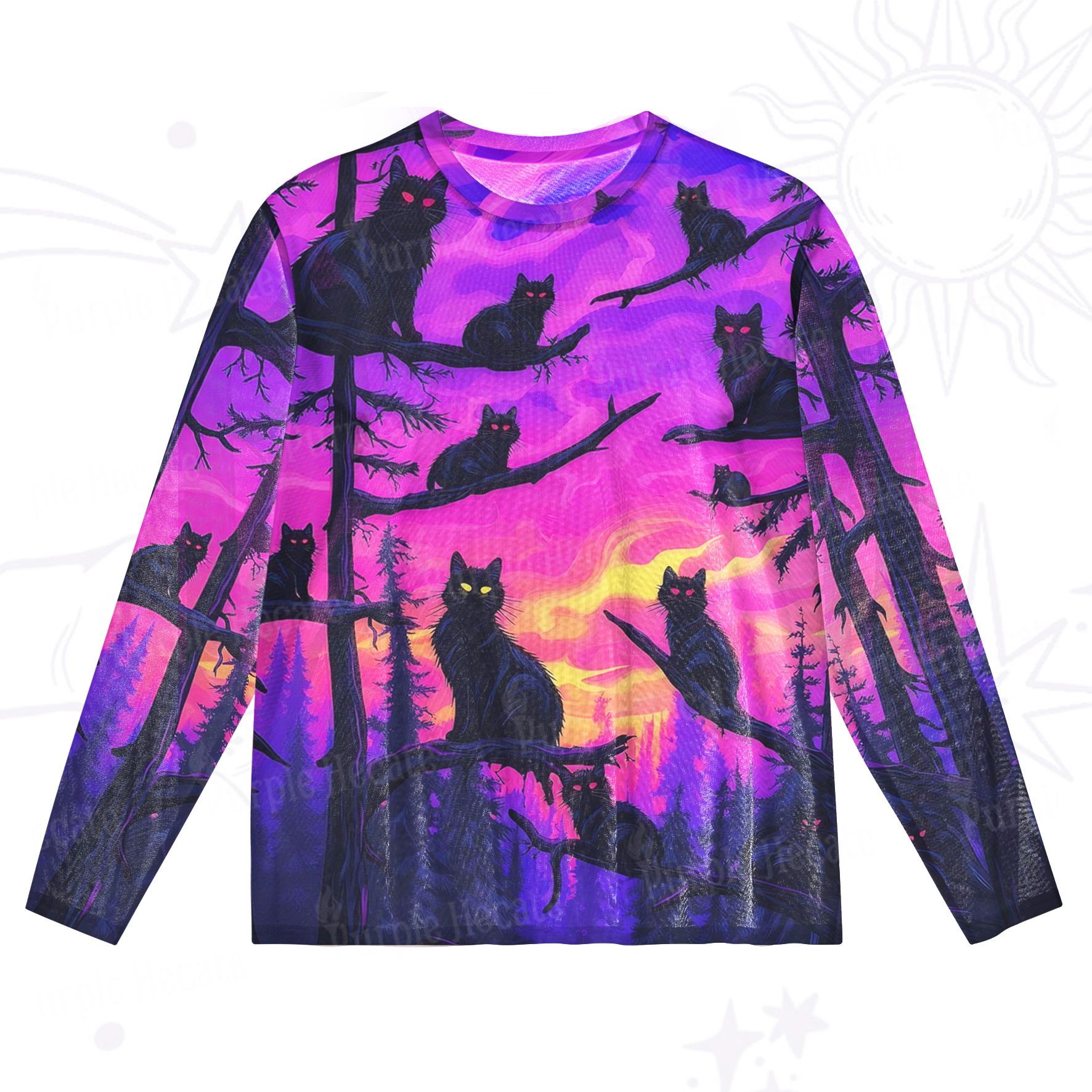 Purplehecate Twilight Forest Guardian Cat Mesh Long Sleeve Top