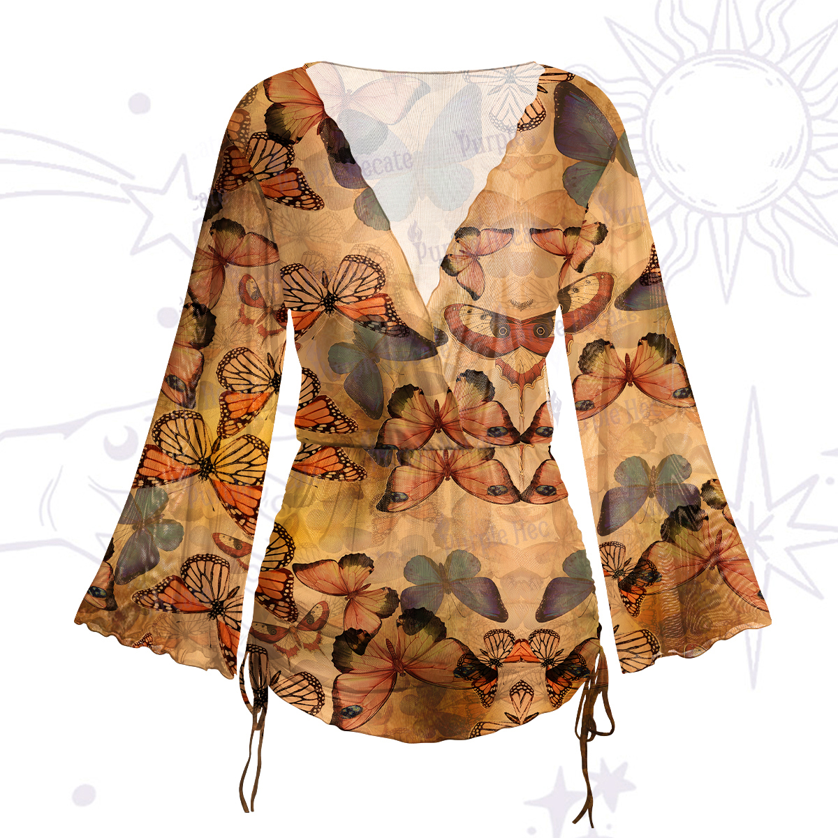 Purplehecate Monarch Butterfly Print Mesh Cover Up Dress