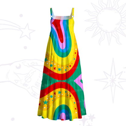 Purplehecate Dreamy Rainbow Waves Wide Straps Maxi Dress