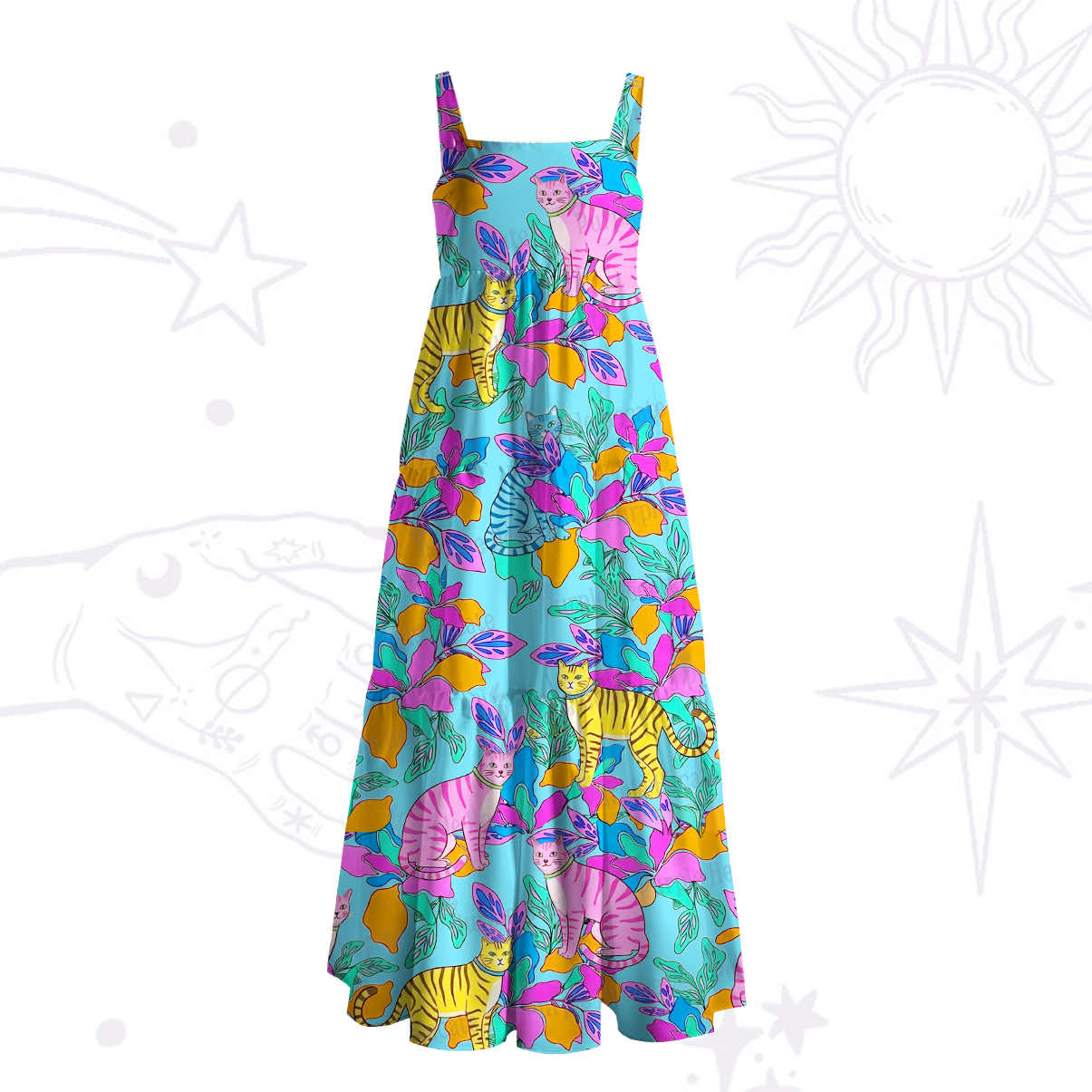 Purplehecate Colorful Cats Jungle Garden Wide Straps Maxi Dress