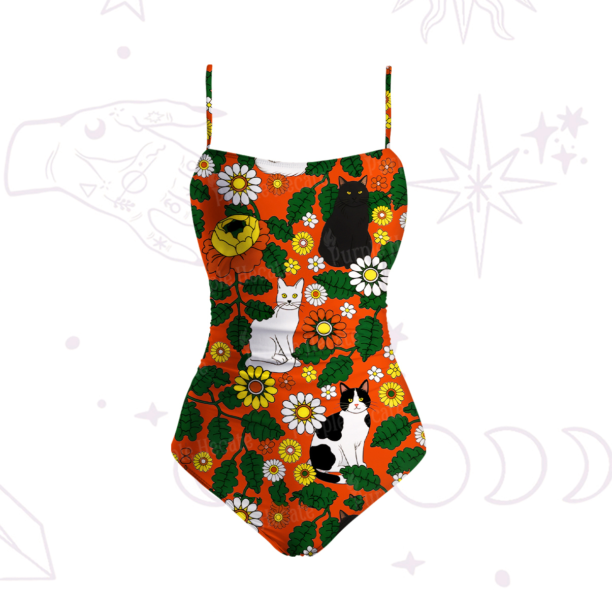 Purplehecate Daisy Cat  Garden Slim-Strap Swimsuit