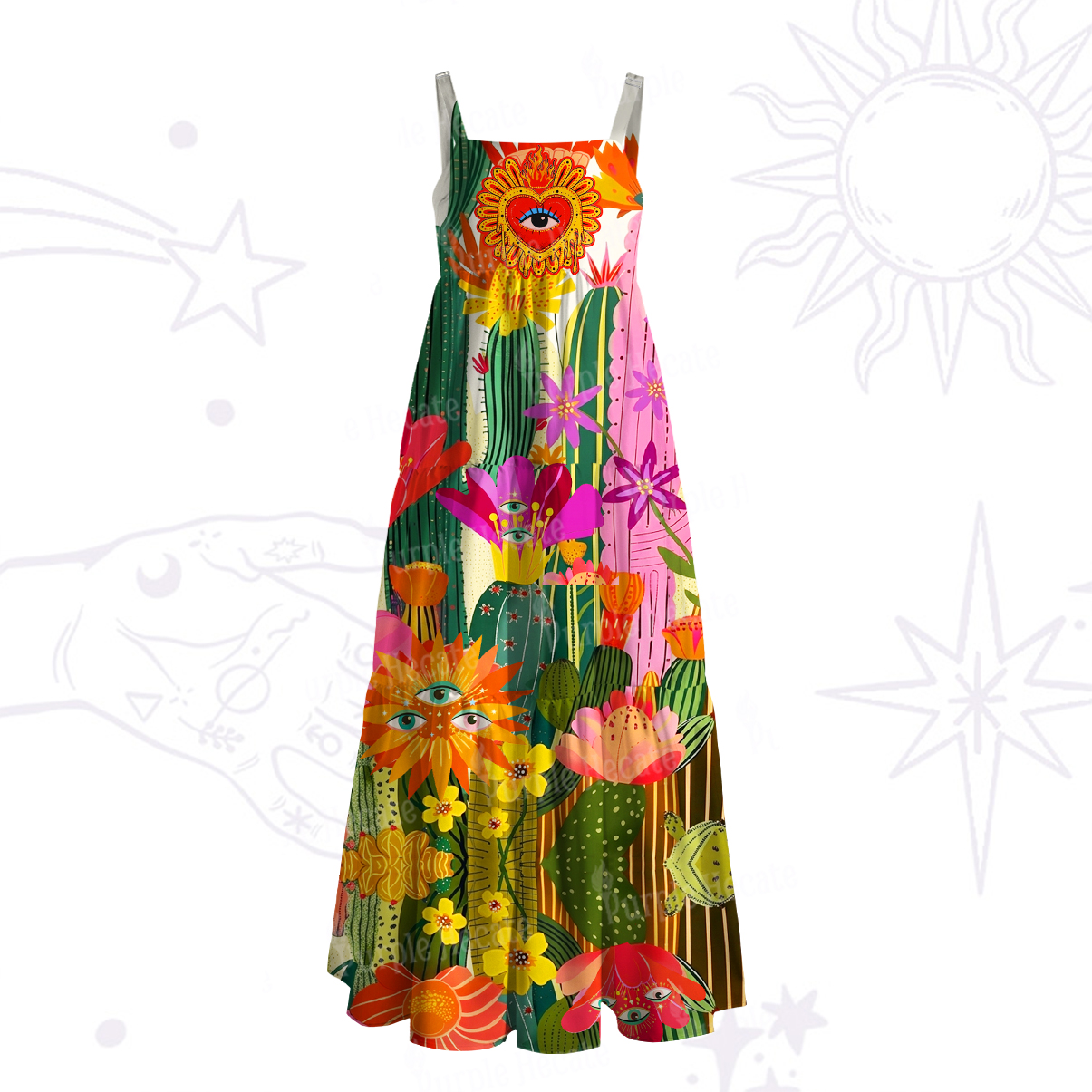 Purplehecate Sacred Heart Cactus Bloom Wide Straps Maxi Dress