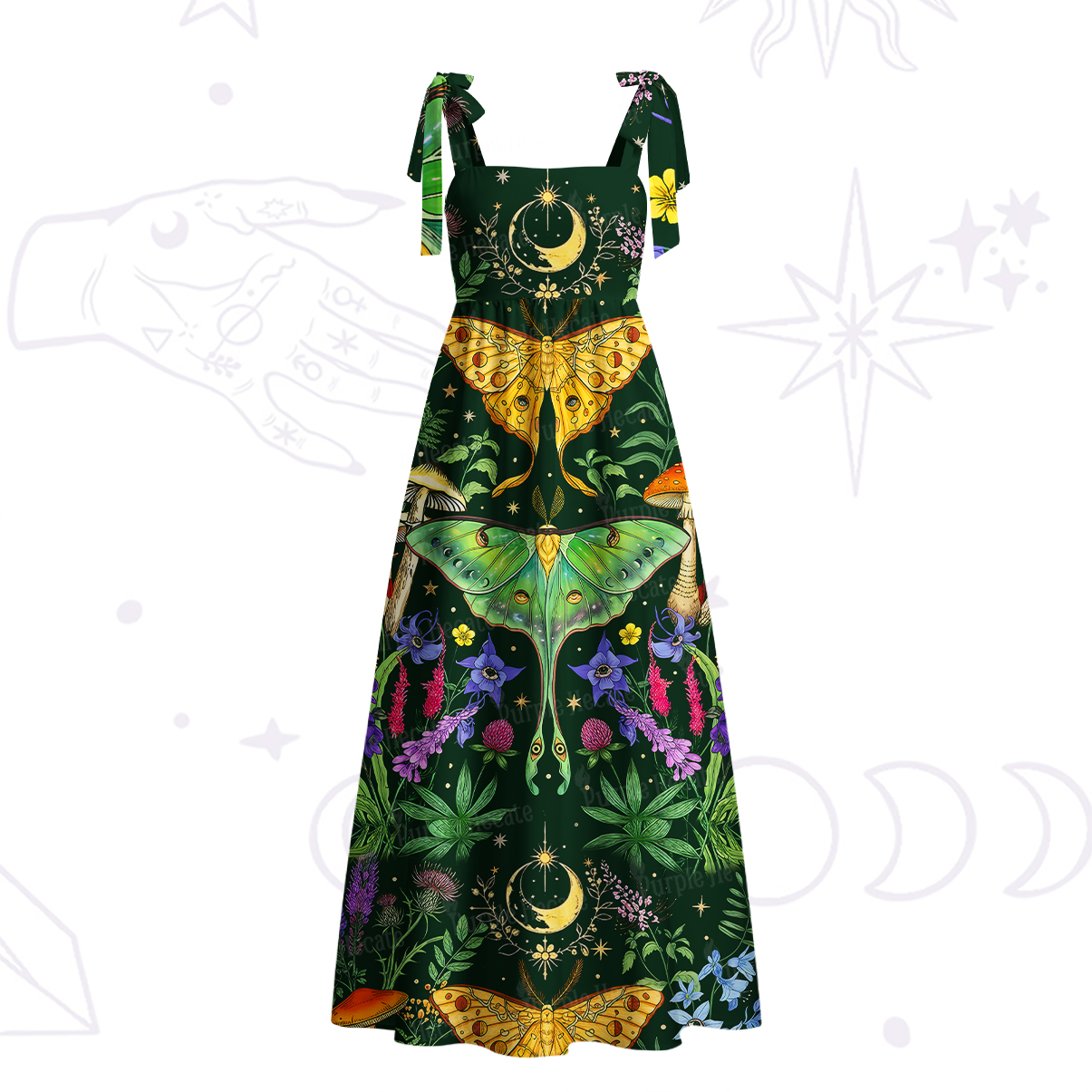 Purplehecate Mystic Lunar Moth Herbal Forest Tie Shoulder Maxi Dress