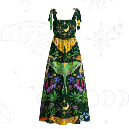 Purplehecate Mystic Lunar Moth Herbal Forest Tie Shoulder Maxi Dress